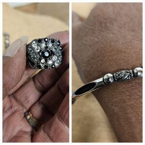 Vintage 3-tone Rhinestones Ring, S 7.25 and Silver-tone Lobster-clasp Bracelet